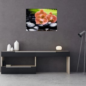Tablou pe sticlă - Orhidee portocalie cu frunze de palmier (70x50 cm)