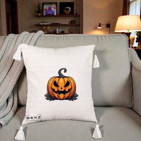 Perna Decorativa Halloween Jack-o'-Lantern Infricosator, 40x40 cm, Bej cu Franjuri, Husa Detasabila, Perna Inclusa, BEKZ®