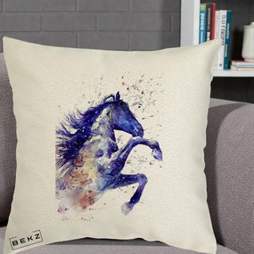 Perna Decorativa Cal Albastru Acuarela, 40x40 cm, Ecru, Husa Detasabila, Perna Inclusa, BEKZ®