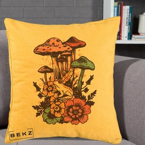 Perna Decorativa Ciuperci si Broaste Boho, 40x40 cm, Galben, Husa Detasabila, Perna Inclusa, BEKZ®
