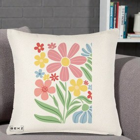 Perna Decorativa Flori Grafice Roz Pastel, 40x40 cm, Crem Reliefat, Husa Detasabila, Perna Inclusa, BEKZ®