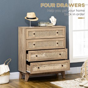 HOMCOM Comodă cu 4 Sertare Stil Boho din Ratan 80x35x95 cm Lemn Natural | Aosom Romania