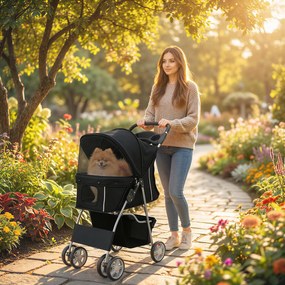 PawHut Cărucior pentru Câini Până la 10 kg, Cărucior Pliabil pentru Animale, 77x44x102 cm, Negru | Aosom Romania