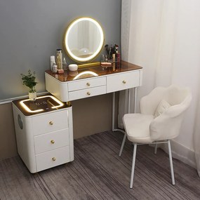Set OFELIA, Masă de toaletă pentru machiaj cu oglindă iluminată LED, control touch, 6 sertare, comoda, scaun, Difuzor Bluetooth, zona încărcare fără fir, Alb