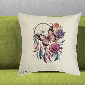 Perna Personalizata Prinzator de Vise cu Fluture si Trandafiri, 40x40 cm, Ecru, Husa Detasabila, Perna Inclusa, BEKZ®