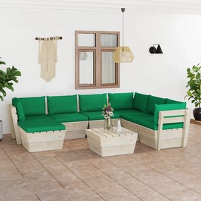 Set mobilier gradina din paleti cu perne, 8 piese, lemn molid Verde, 3x colt + 3x mijloc + masa + suport pentru picioare, 1