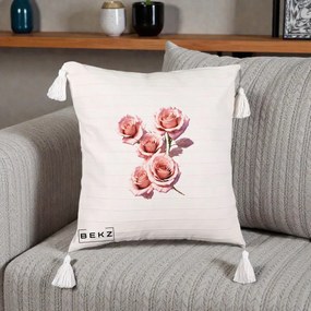 Perna Decorativa Trandafiri Roz Pastel Acuarela, 40x40 cm, Bej cu Franjuri, Husa Detasabila, Perna Inclusa, BEKZ®