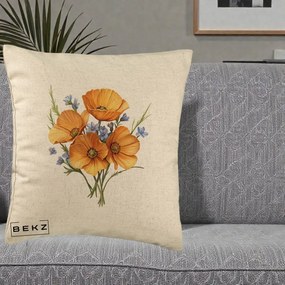 Perna Decorativa Maci Portocalii cu Floricele Albastre, 40x40 cm, Bej, Husa Detasabila, Perna Inclusa, BEKZ®