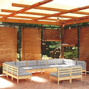 3097228 vidaXL Set mobilier grădină cu perne, 13 piese, gri, lemn masiv pin