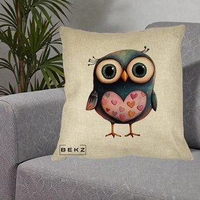 Perna Decorativa Bufnita cu Inimioare Roz, 40x40 cm, Crem, Husa Detasabila, Perna Inclusa, BEKZ®