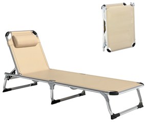 Outsunny Șezlong de plajă, chaise longue pliante cu suport pentru cap, spătar reglabil, aluminiu și textilene, bej | Aosom Romania