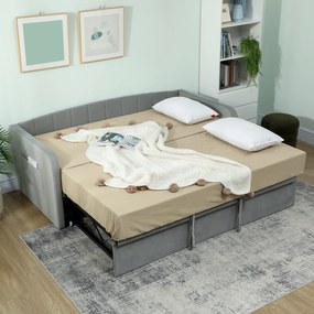HOMCOM Pat Canapea 90/180x190 cm, Pat Extensibil Convertibil în Pat Dublu, Tapițerie, Cotiere, 2 Buzunare, Lamele din Plop, pentru Living sau Oaspeți, Gri Deschis | Aosom Romania