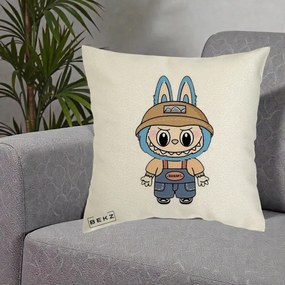 Perna Personalizata Labubu Toanart Blugi, 40x40 cm, Ecru, Husa Detasabila, Perna Inclusa, BEKZ®