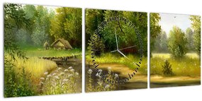 Tablou - Râu lângă pădure, pictură în ulei (cu ceas) (90x30 cm)