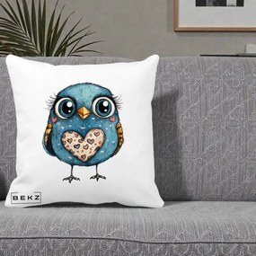 Perna Decorativa Bufnita Albastra cu Inimioare, 40x40 cm, Alba Mata, Husa Detasabila, Perna Inclusa, BEKZ®