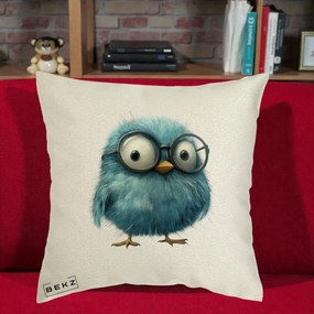 Perna Decorativa Pui Pufos Teal cu Ochelari, 40x40 cm, Ecru, Husa Detasabila, Perna Inclusa, BEKZ®