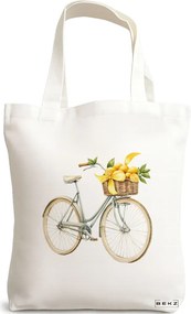 Sacosa de Panza pentru Cumparaturi, Geanta Tote, model Lemons on bicycle 38 x 34.5 cm, Alba, BEKZ®