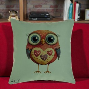 Perna Decorativa Bufnita Rosie cu Inimi Aurii, 40x40 cm, Verde, Husa Detasabila, Perna Inclusa, BEKZ®