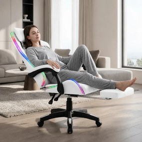 RESIGILAT- Scaun gaming, sistem iluminare bandă LED RGB, masaj în perna lombară, suport picioare, Alb