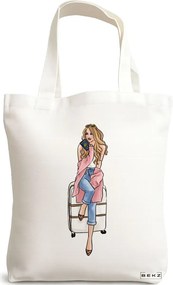 Sacosa de Panza pentru Cumparaturi, Geanta Tote Travel Girl 2, 38x34.5 cm, Alba, BEKZ®