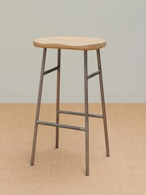 Scaun de bar din lemn de mango și metal, natur, în stil industrial, cu șezut scobit și suport pentru picioare, 76 x 42 x 37 cm, „Hinto”
