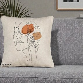 Perna Decorativa Portret Feminin Mac Profilat, 40x40 cm, Bej Canapea, Husa Detasabila, Perna Inclusa, BEKZ®