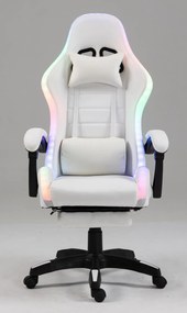 RESIGILAT- Scaun gaming, sistem iluminare bandă LED RGB, Boxe bluetooth, masaj în perna lombară, funcție șezlong, 90-150 grade, suport picioare, Alb