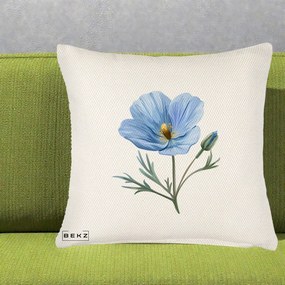 Perna Decorativa Mac Albastru Acuarela, 40x40 cm, Crem Reliefat, Husa Detasabila, Perna Inclusa, BEKZ®