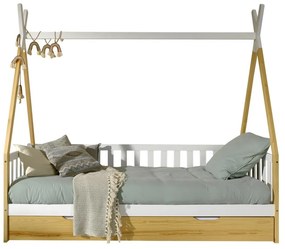 Pat pentru copii în culoare naturală de tip casă din lemn masiv de pin cu spațiu de depozitare 90x200 cm TIPI – Vipack