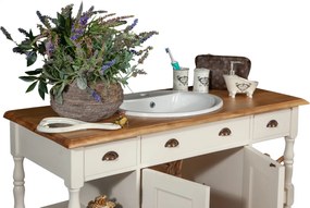 Mobilier de baie din lemn masiv, lavoar ceramica , alb antichizat  natur, L128x54xH92 cm