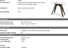 Masuta laterala design LUX cu blat din marmura italiana Borre 60x30cm