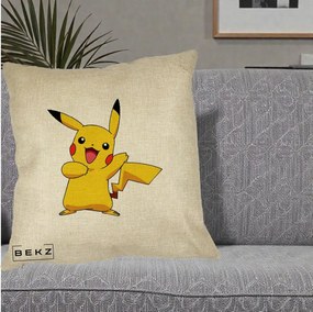 Perna Personalizata Pikachu Fericit, 40x40 cm, Crem, Husa Detasabila, Perna Inclusa, BEKZ®