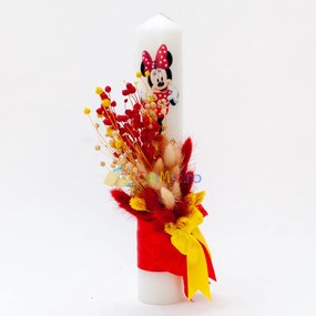 Lumanare botez cu flori uscate si spice de grau, Minnie, Rosu, 35x6 cm - LPB-307