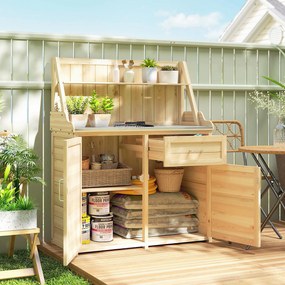 Outsunny Dulap de Grădină din Lemn cu Blat din Metal Galvanizat Sertar și Etajeră 100x45x129,5cm Natural | Aosom Romania