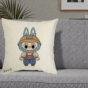 Perna Personalizata Labubu Toanart Blugi, 40x40 cm, Ecru, Husa Detasabila, Perna Inclusa, BEKZ®
