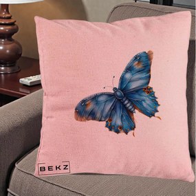 Perna Decorativa Fluture Albastru Satin cu Pete Aurii, 40x40 cm, Roz, Husa Detasabila, Perna Inclusa, BEKZ®