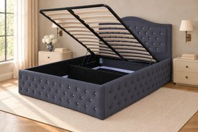 Pat tapițat Chesterfield din catifea Solaria Deluxe Cristal 200×200 cm, gri închis, cu ladă de depozitare