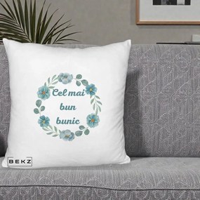 Cadou pentru Bunic - Perna Personalizata Cel Mai Bun Bunic Coronita Flori Albastre Teal, 40x40 cm, Alb Pufos, Husa Detasabila, Perna Inclusa, BEKZ®