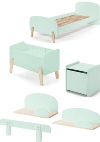 Set KIDDY în verde mentă format dintr-un Pat copii (90x200), noptieră, 2 rafturi de perete (45 și 65 cm), bară de siguranță și cutie de jucării.