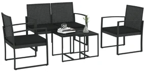 Outsunny Set Mobilier de Grădină din Ratan PP 5 Piese, Canapea cu Perne, Set Canapea pentru Exterior, Negru | Aosom Romania