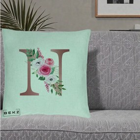 Cadou Personalizat - Perna Personalizata Monograma Rose Gold Litera N, 40x40 cm, Verde Menta, Husa Detasabila, Perna Inclusa, BEKZ®