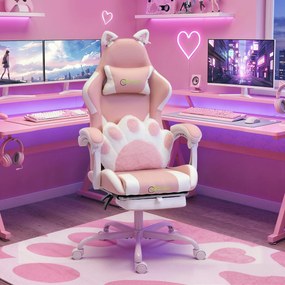 Vinsetto Scaun Gaming Ergonomic cu Urechi de Pisică, Fotoliu Gaming Birou Reclinabil din Piele Eco cu Suport pentru Picioare, Tetieră și Înălțime Reglabilă, Suport Lombar și Cervical, Roz | Aosom Romania