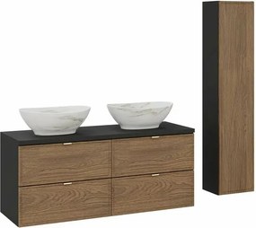 Set dulap baza suspendat 120 cm cu blat, lavoar si dulap coloana Comad Talia negru mat si stejar Casella