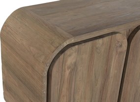 Bufet rustic din lemn de tec reciclat, natur, cu 4 uși cu colțuri rotunjite și picioare din metal negru, 80 x 200 x 45 cm, „Granville”