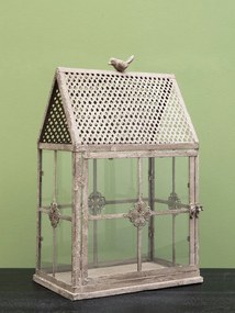 Suport shabby chic pentru lumânare tip seră din metal, cu pasăre decorativă, H45,5 cm