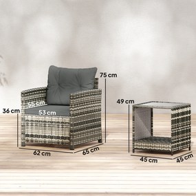 Outsunny Set mobilier exterior 3 piese din rășină împletită, masă și 2 fotolii cu perne, 62x65x75 cm, Gri deschis | Aosom Romania
