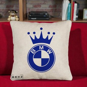 Perna Personalizata cu emblema BMW si Coroana, 40x40 cm, Bej Canapea, Husa Detasabila, Perna Inclusa, BEKZ®