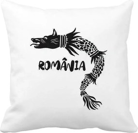 Perna Personalizata Patrata Lup Dacic Romania, 40x40 cm, Alba Mata, Husa Detasabila, Perna Inclusa, BEKZ®
