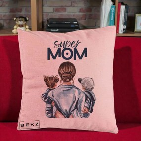Cadou pentru Mama - Perna Personalizata Super Mom, 40x40 cm, Roz, Husa Detasabila, Perna Inclusa, BEKZ®