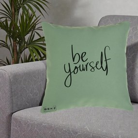 Perna Decorativa Be Yourself Caligrafie Neagra, 40x40 cm, Verde, Husa Detasabila, Perna Inclusa, BEKZ®